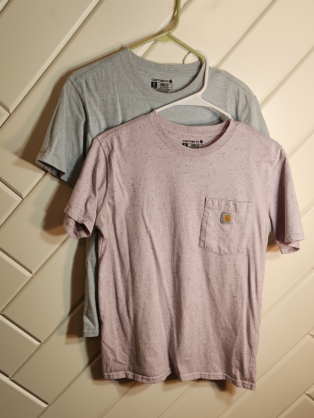 Carhartt Short Sleeve Pocket Tees in Speckled Pink & Light Heather Blue